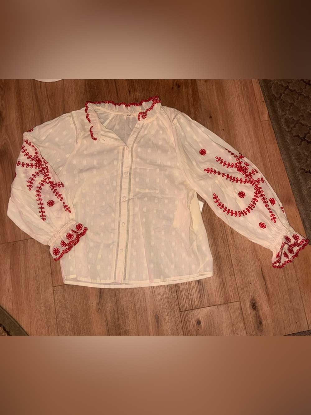 Women’s small white cotton blouse with red embroidery by Easel